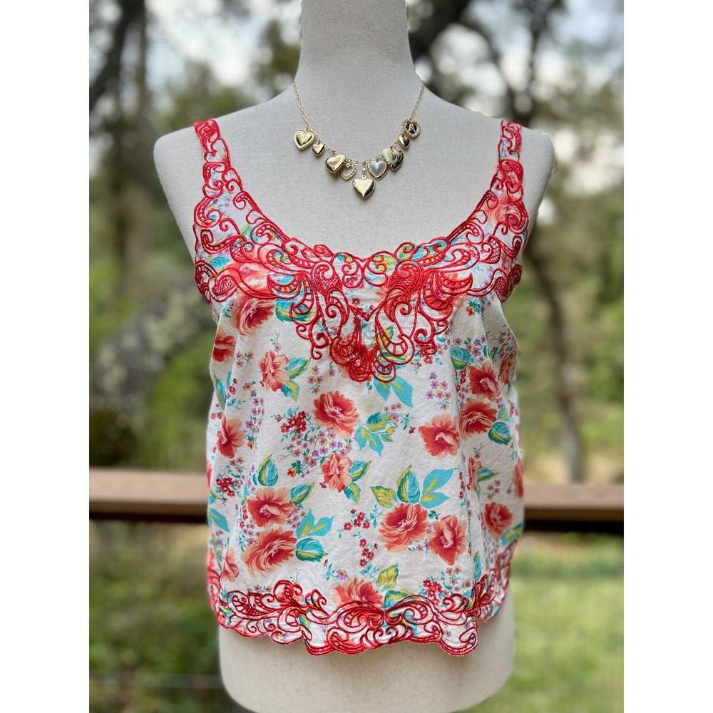 Flying Tomato Floral Embroidered Crop Cami Tank Top Red White Large Coquette